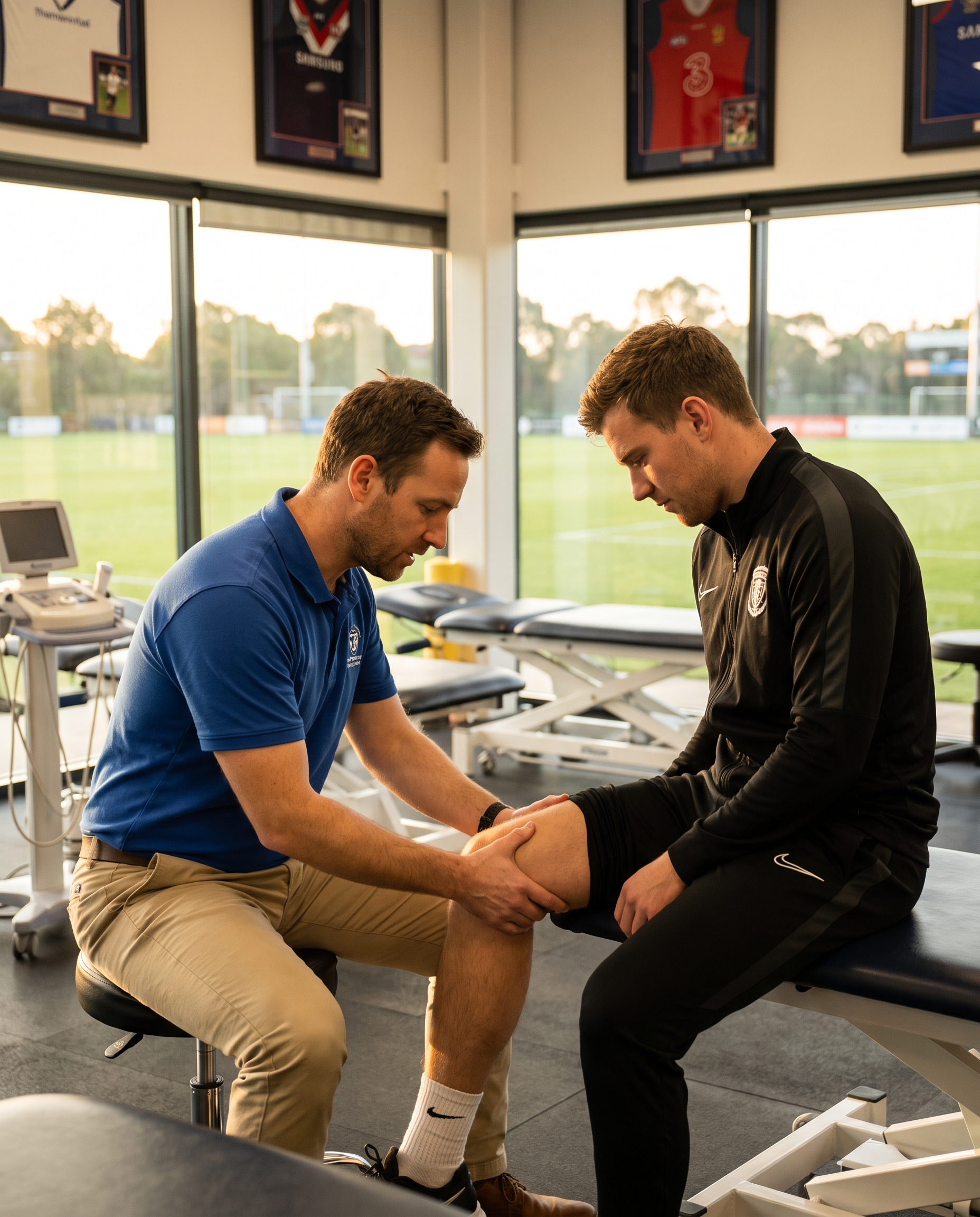 A physiotherapist assessing an athlete's injury