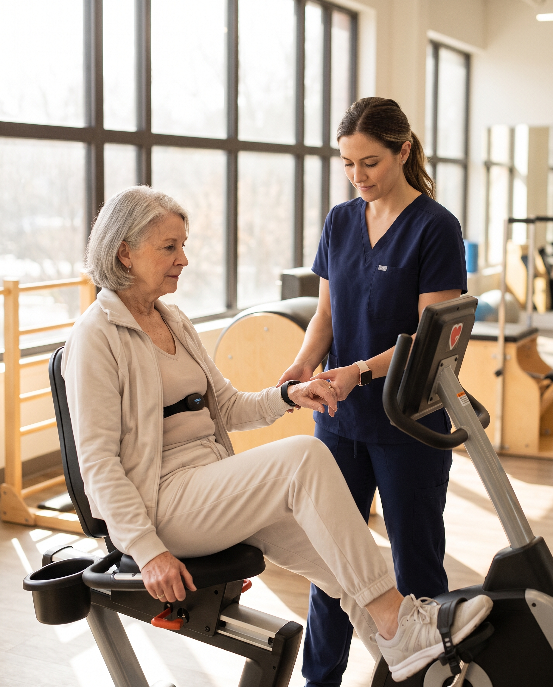 A therapist monitoring exercise intensity safely