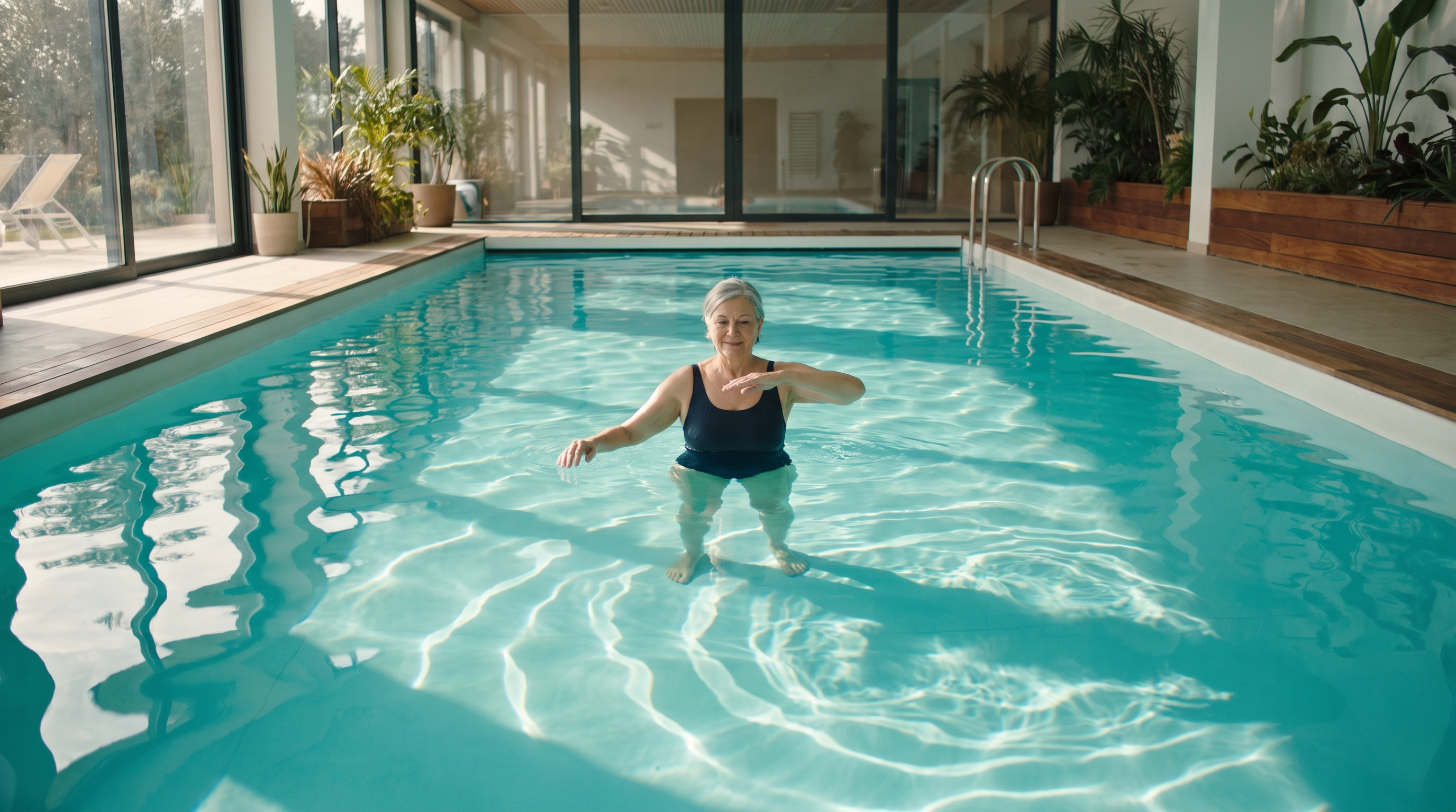 An older adult doing guided aerobic exercise in a therapy pool