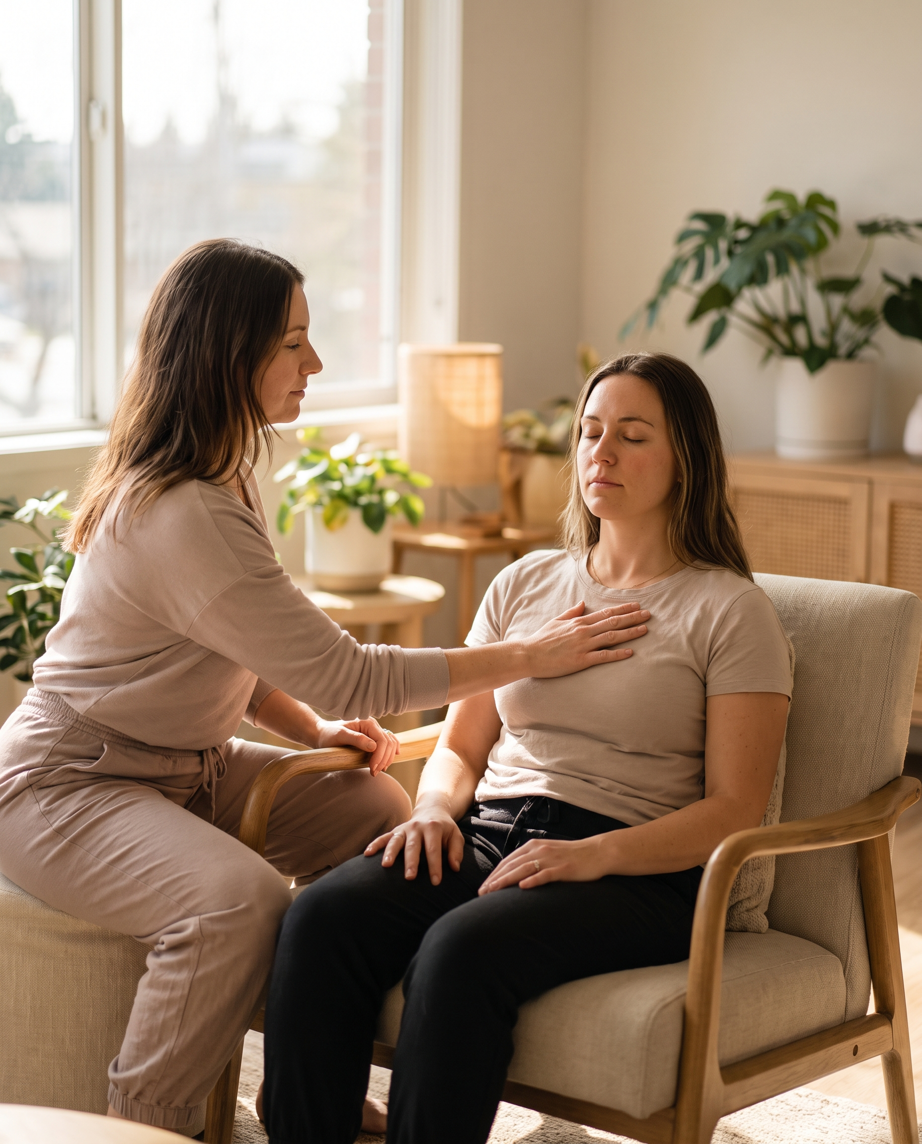 A therapist guiding a breathing technique