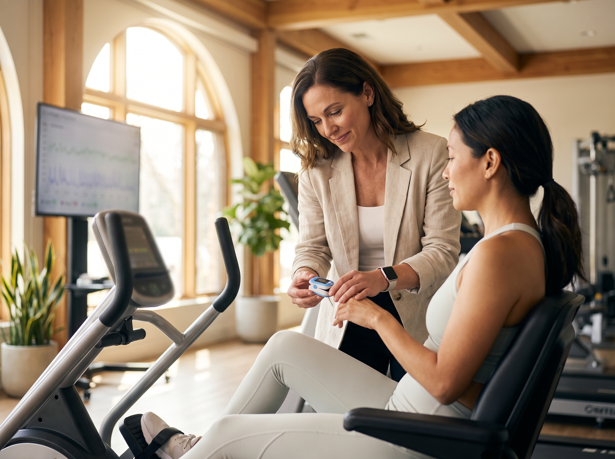 A therapist monitoring oxygen saturation during paced exercise