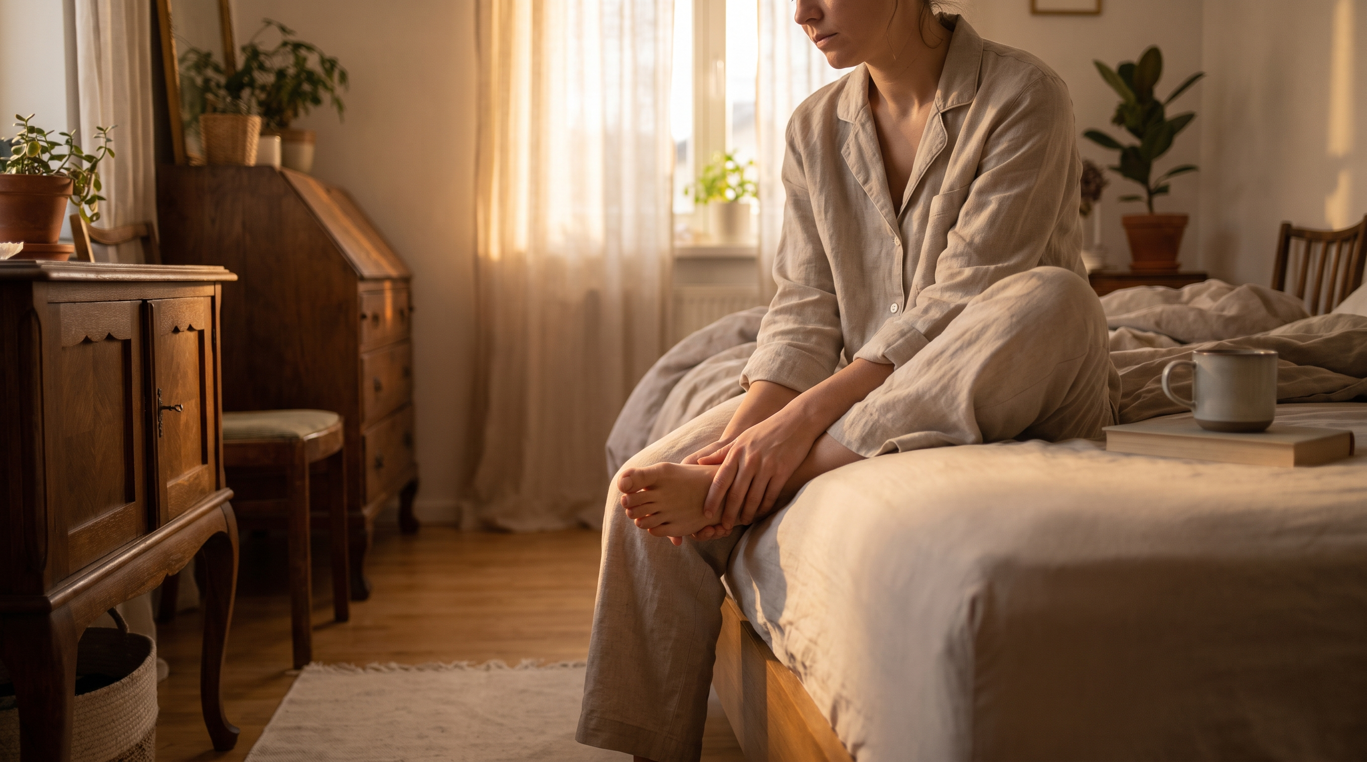 A person feeling first-step heel discomfort in the morning