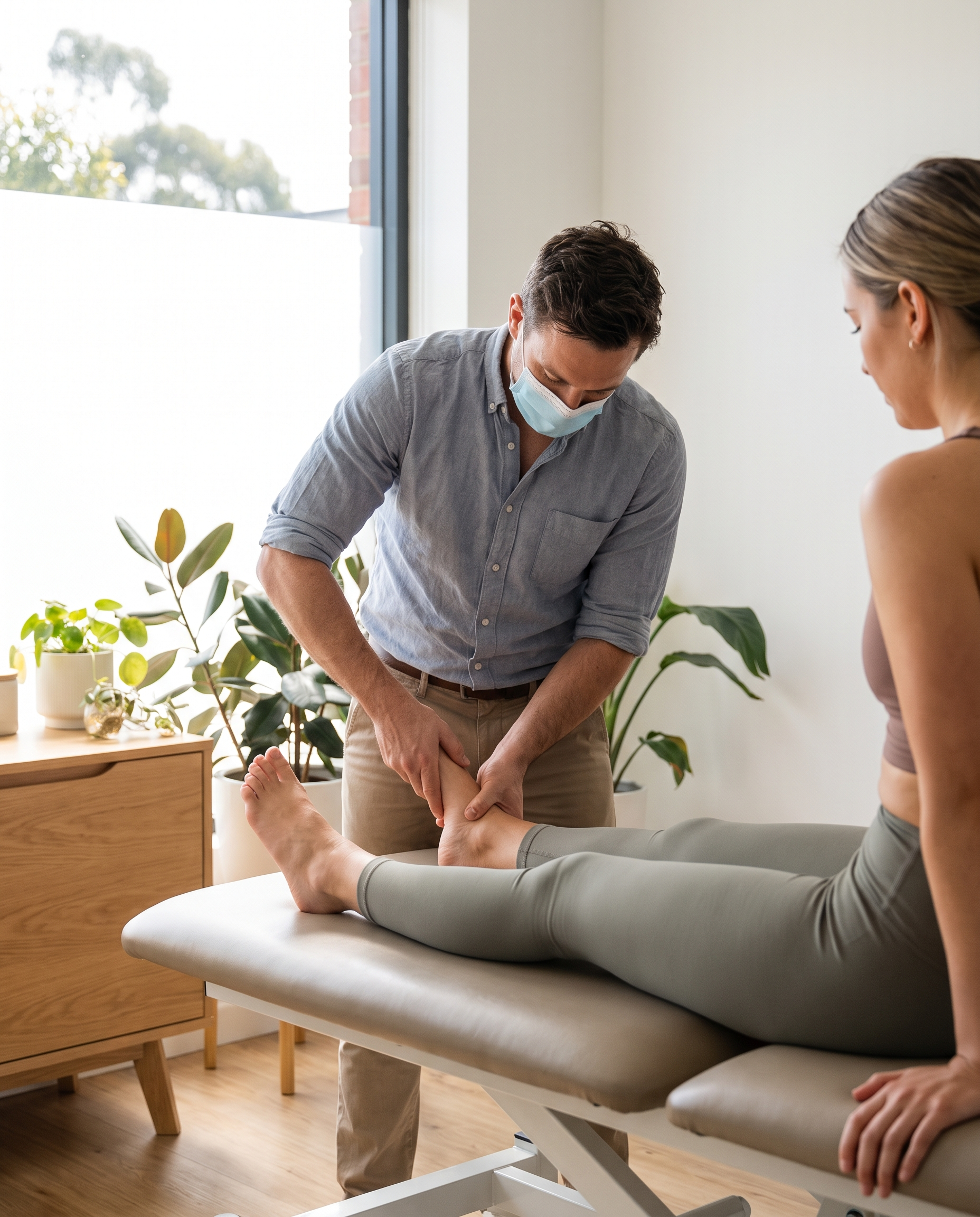 A physiotherapist examining a patient's foot