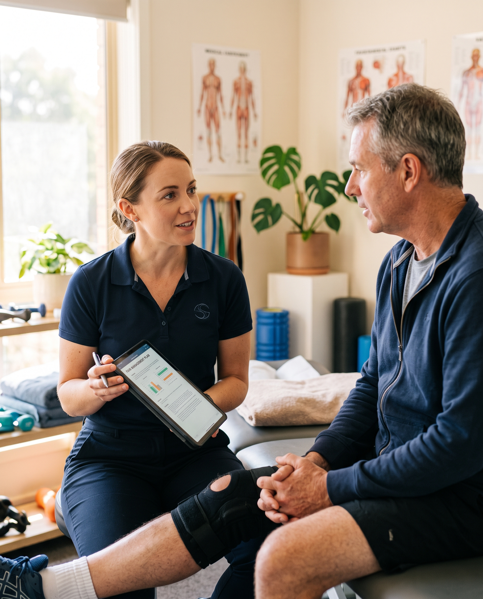 A physiotherapist discussing a pain management plan with a patient