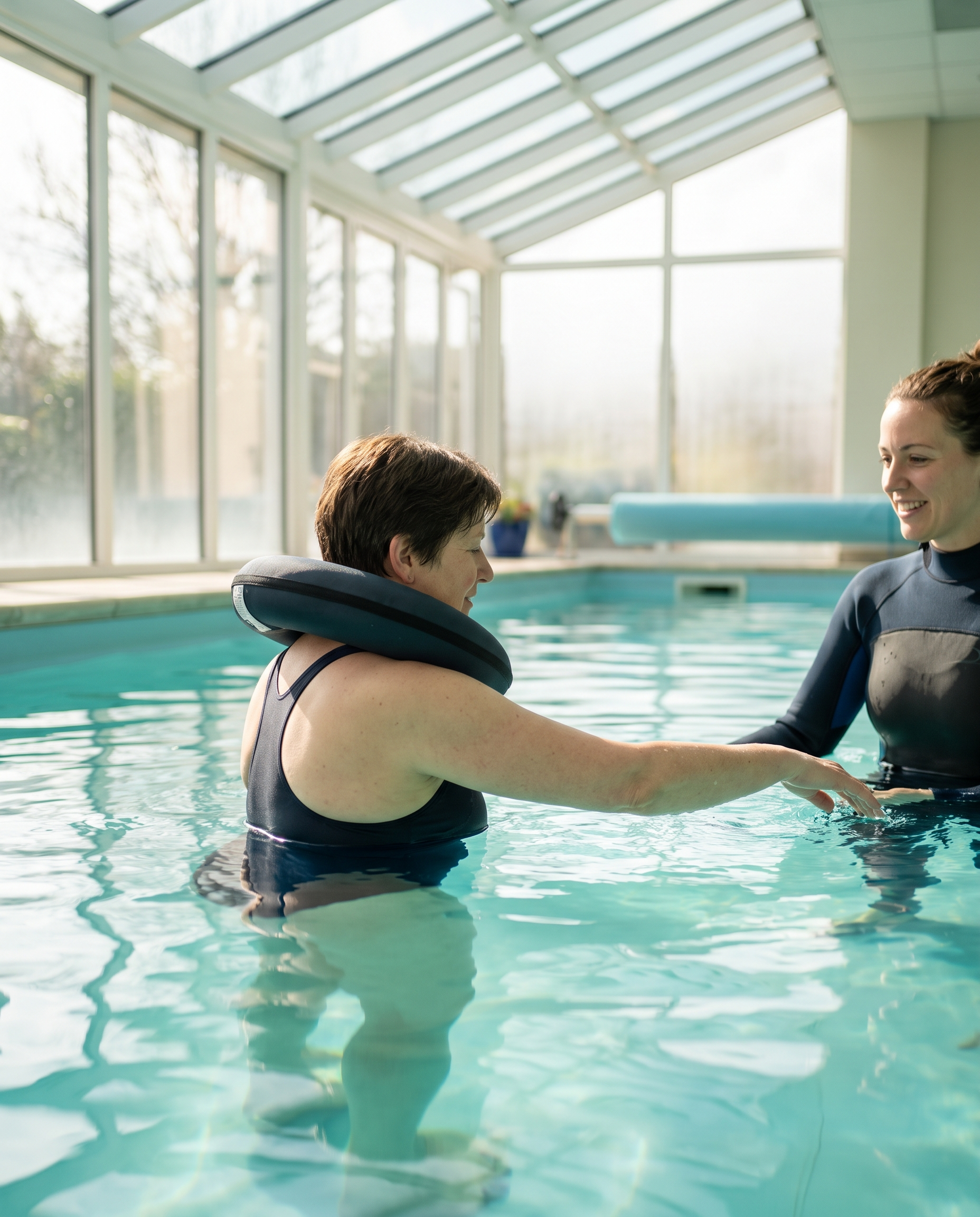 A person recovering after surgery in a therapy pool