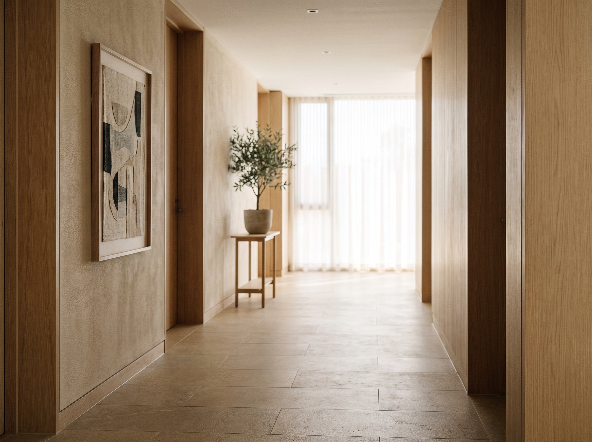 A softly lit modern senior-living wing corridor with warm architectural detail
