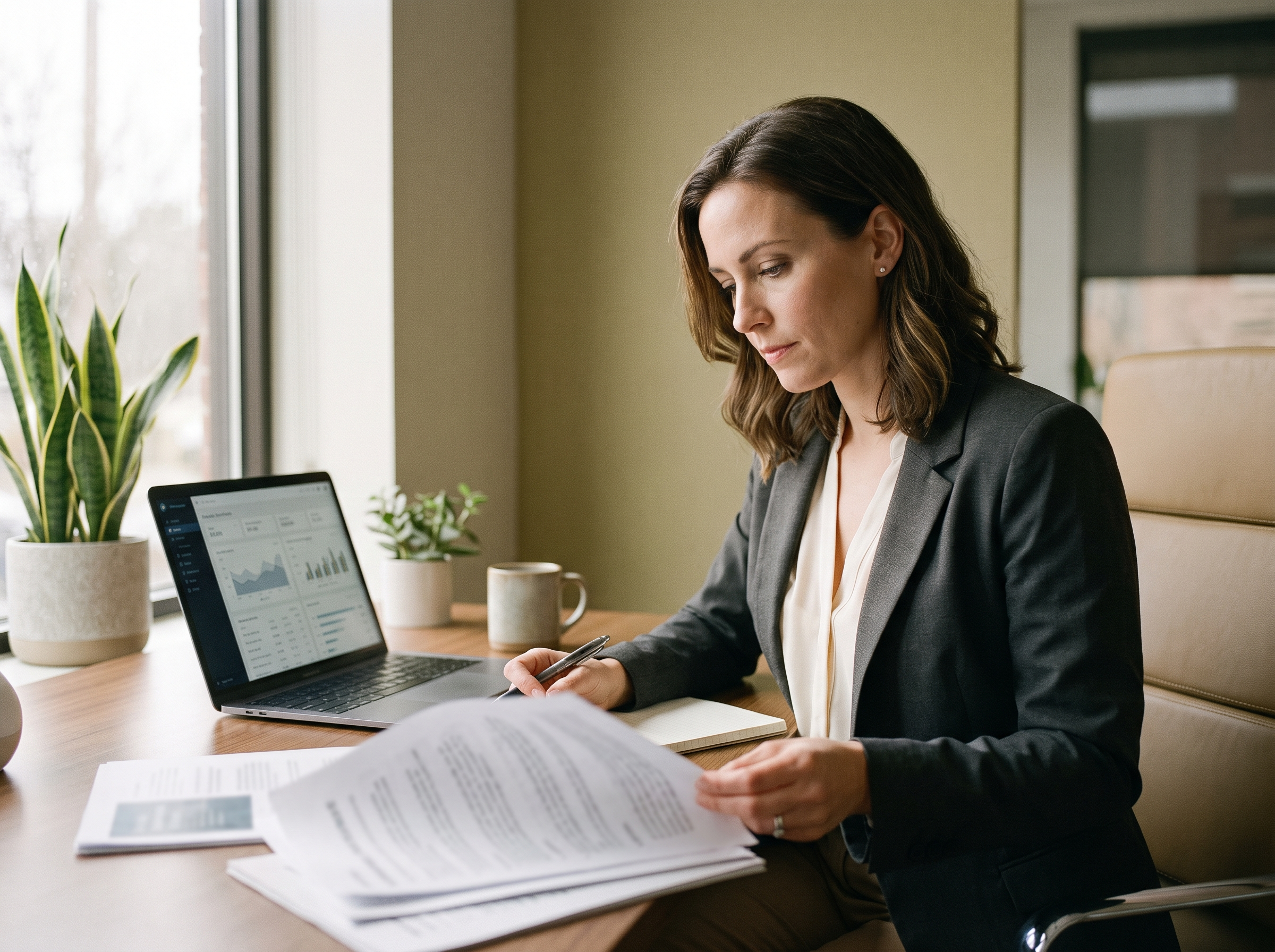 A community sales director reviewing an occupancy report and pipeline dashboard at a modern advisory desk