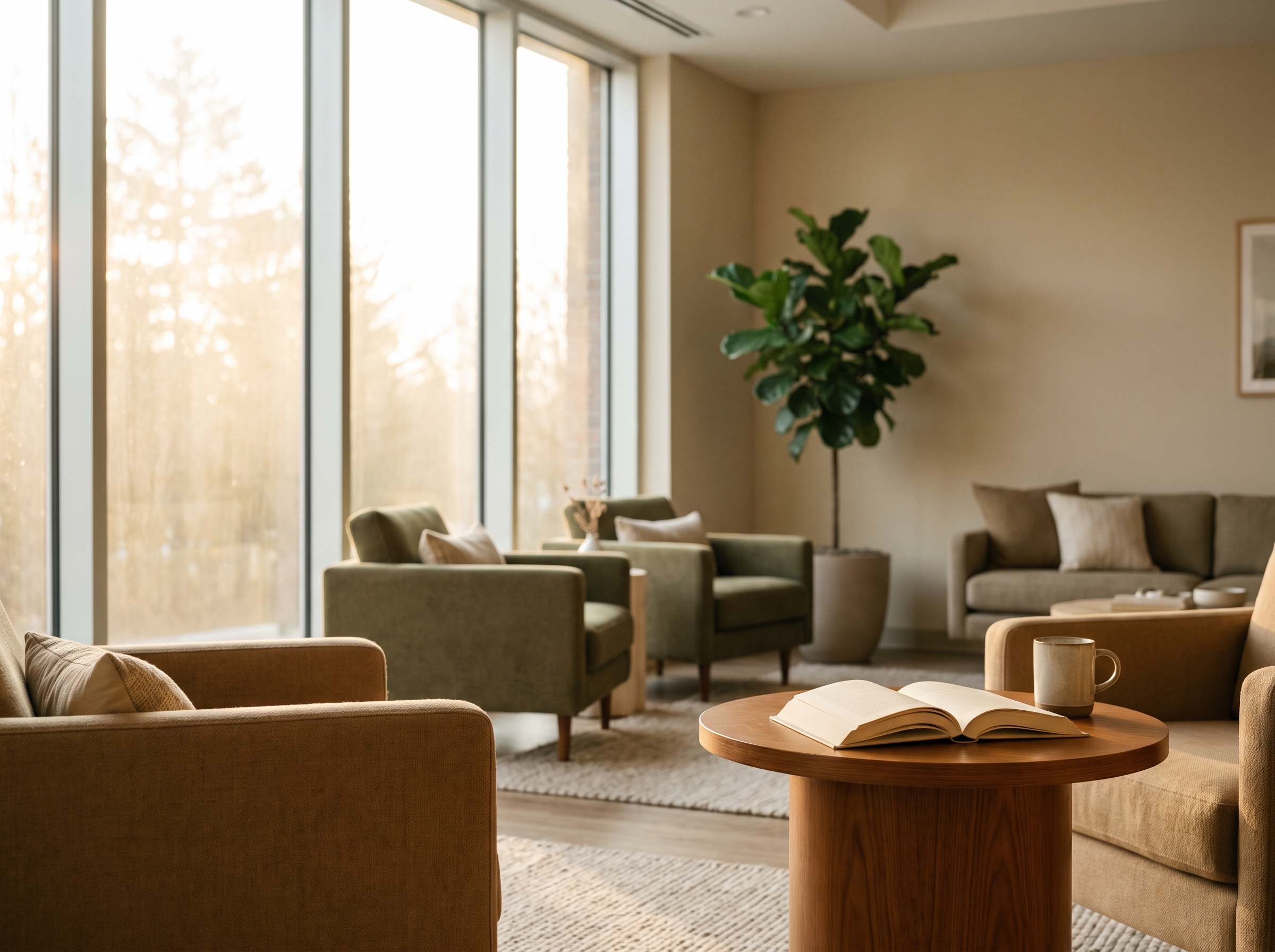 A bright, elegantly appointed independent living common area at morning hour