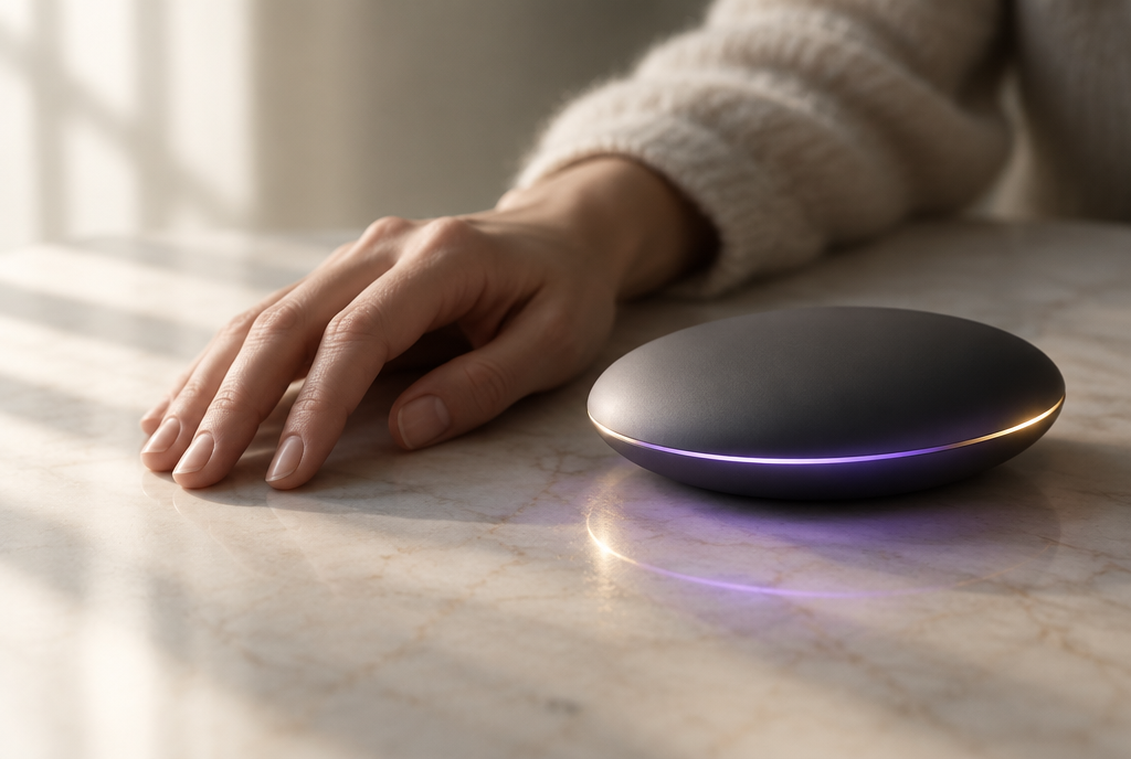 A hand resting beside a device — human presence next to technology