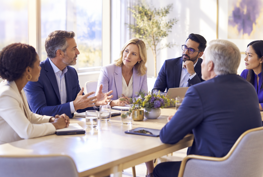 A senior leadership team in discussion around a boardroom table