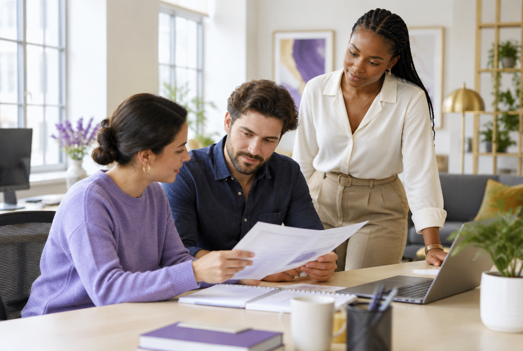 A client-service team working together in an open-plan office
