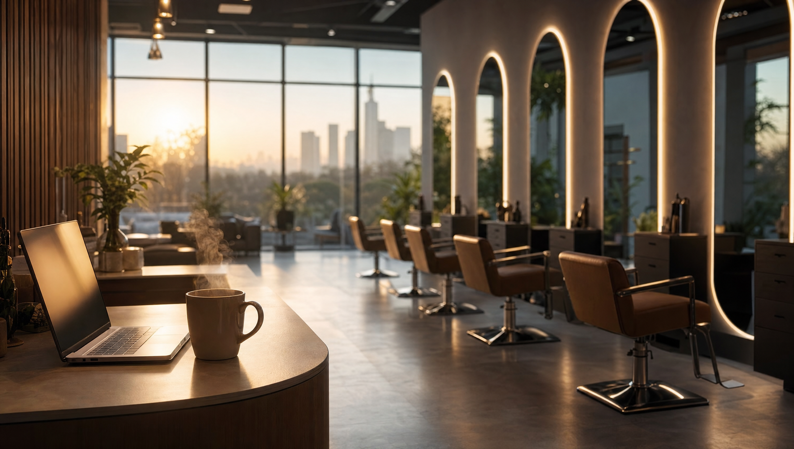 A quiet salon at dawn, laptop open, coffee steaming