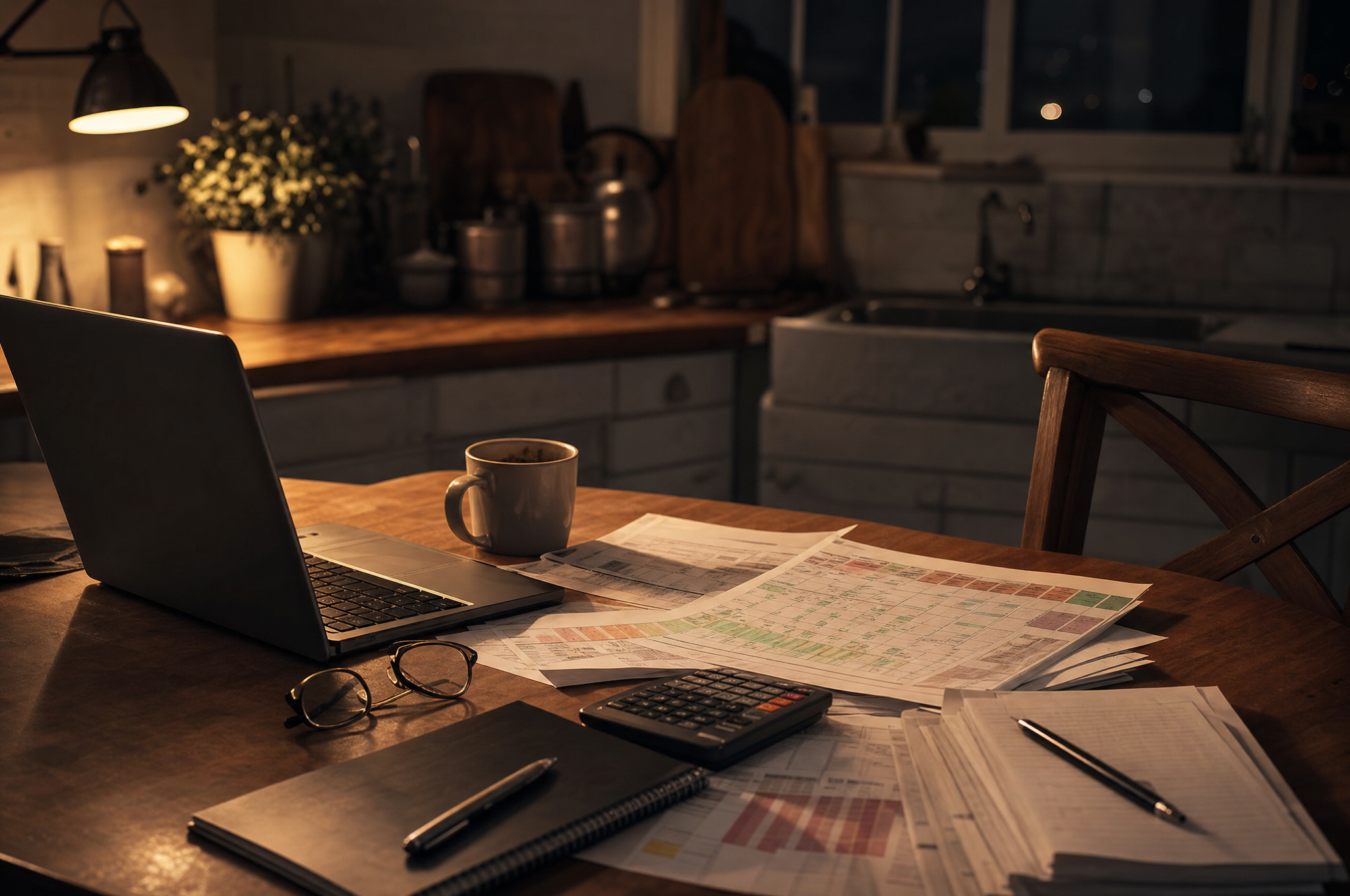 Late night admin at the kitchen table