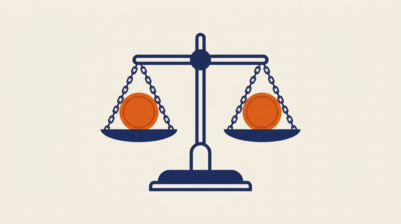 Ilustración de una balanza equilibrando un documento legal y dinero.
