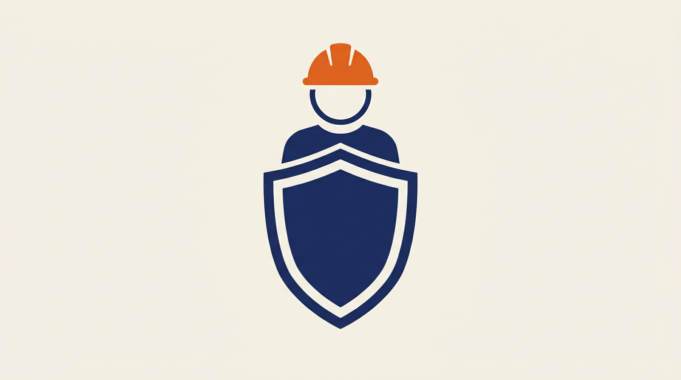 Ilustración de un escudo protegiendo a una figura de trabajador.