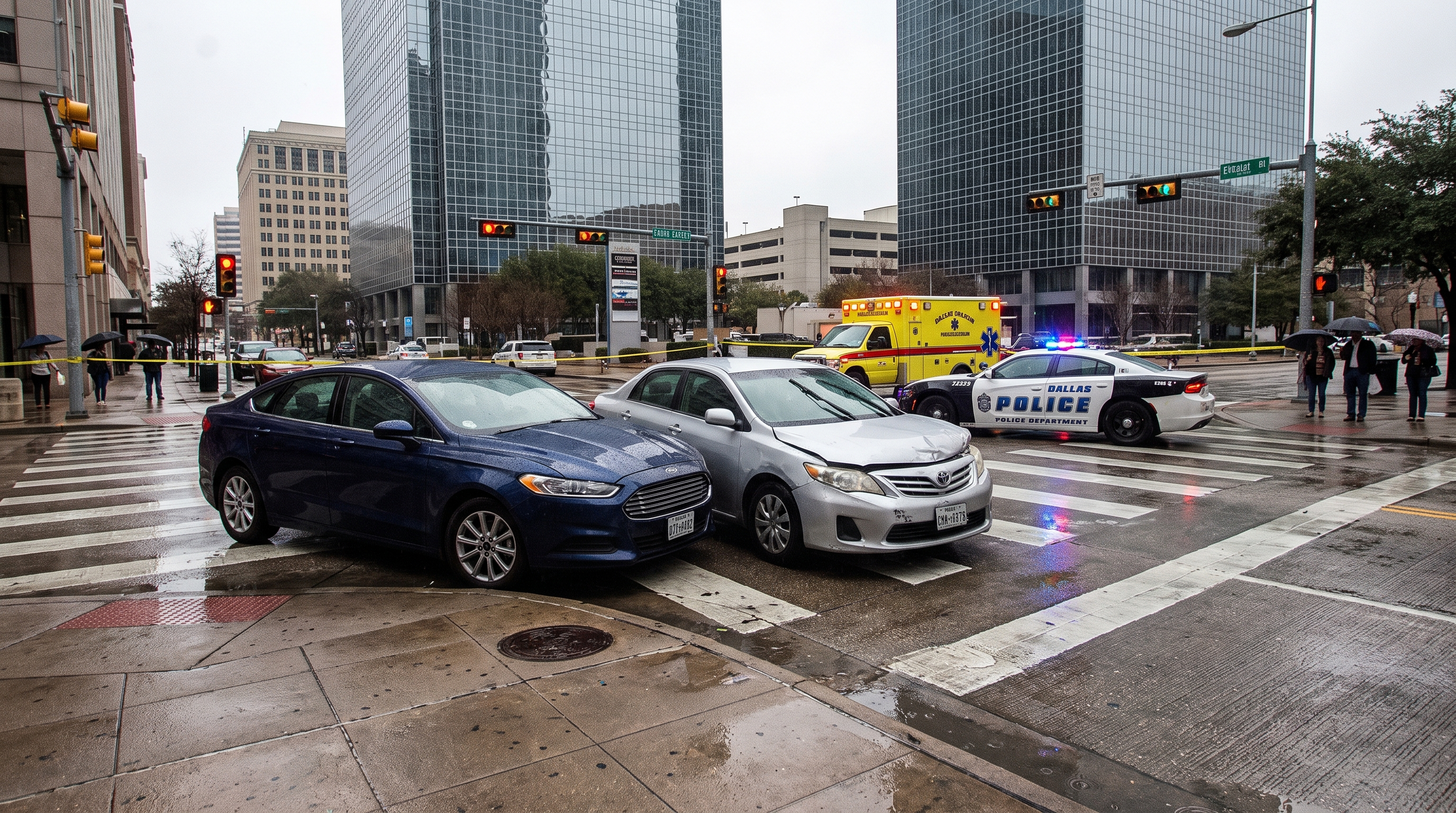 Vista de un accidente de varios autos en una intersección del centro de Dallas con luces de emergencia al fondo.