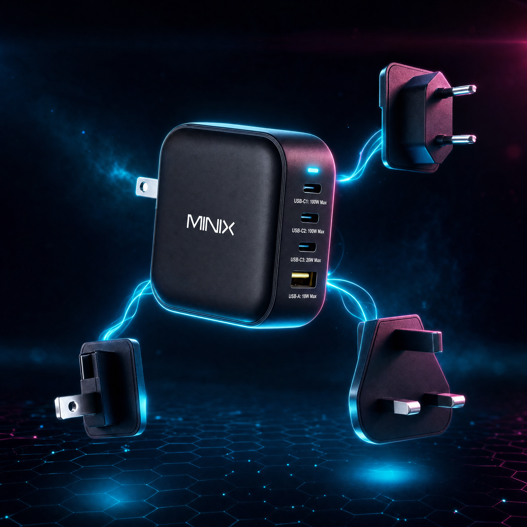 MINIX 100W USB C Charger NEO P3 Turbo 4-Ports GaN Wall Charger 3 x USB-C Port Fast Charging Adapter(Max 100W/20W) 1 USB-A (Max 18W). Compatible with MacBook Pro Air Smart PhoneLaptop and More.