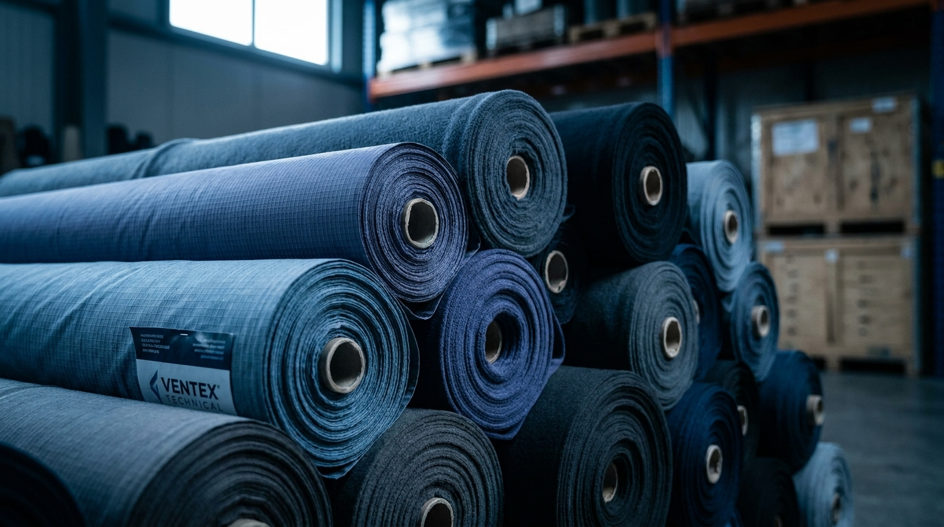 Premium technical fabric rolls in a Asia sourcing warehouse