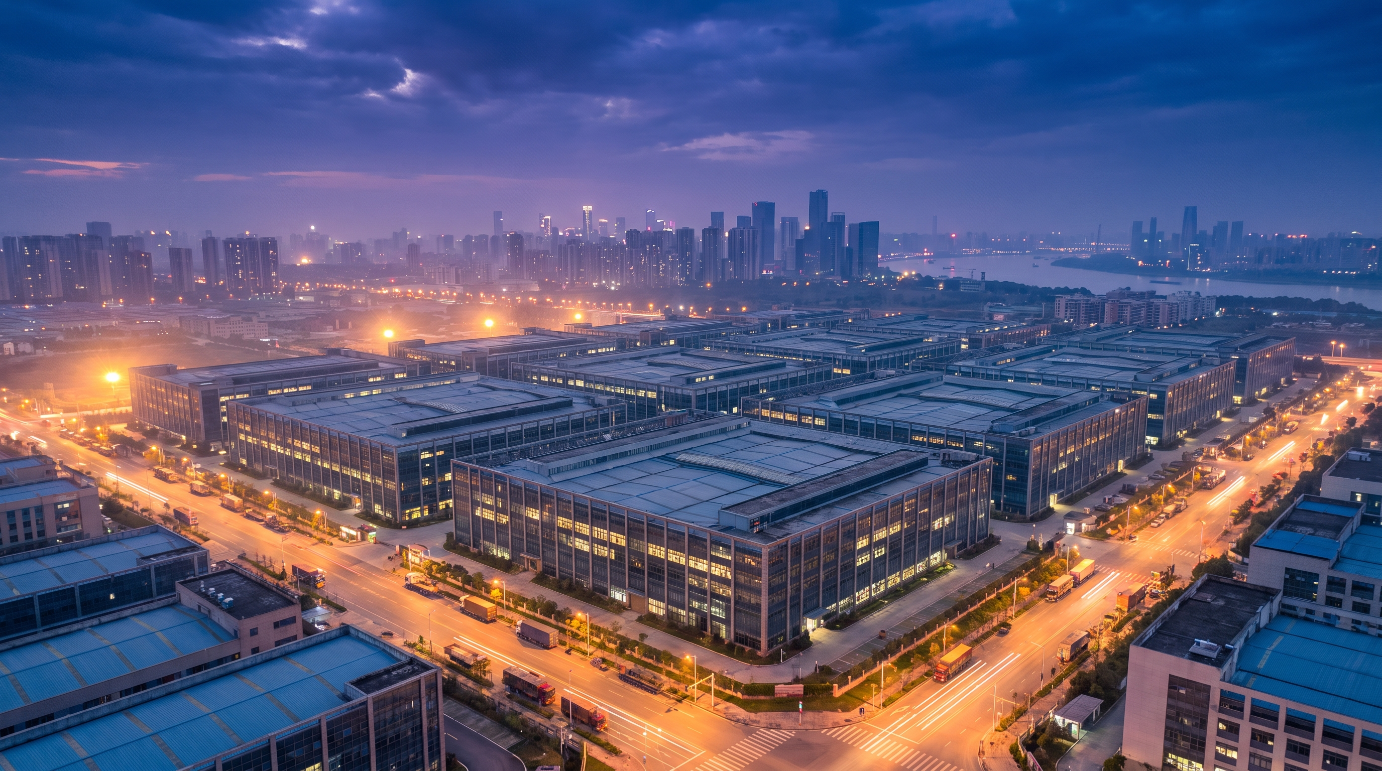 Aerial view of a modern apparel manufacturing district across Asia at dusk
