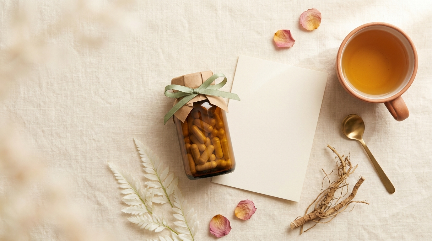 A flat-lay Mother's Day wellness gift on cream linen: an unlabeled amber glass bottle of capsules wrapped in kraft paper and tied with a sage green ribbon, a blank cream notecard, a ceramic teacup of herbal tea, a sprig of dried Hathawariya root, dried fern frond, brass teaspoon, and rose petals.