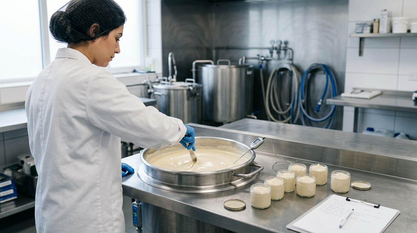 A food technologist in a white lab coat stirs a pale vegan cheese spread in a jacketed stainless-steel kettle beside filled glass sample jars at a Sri Lankan pilot R&D bench.