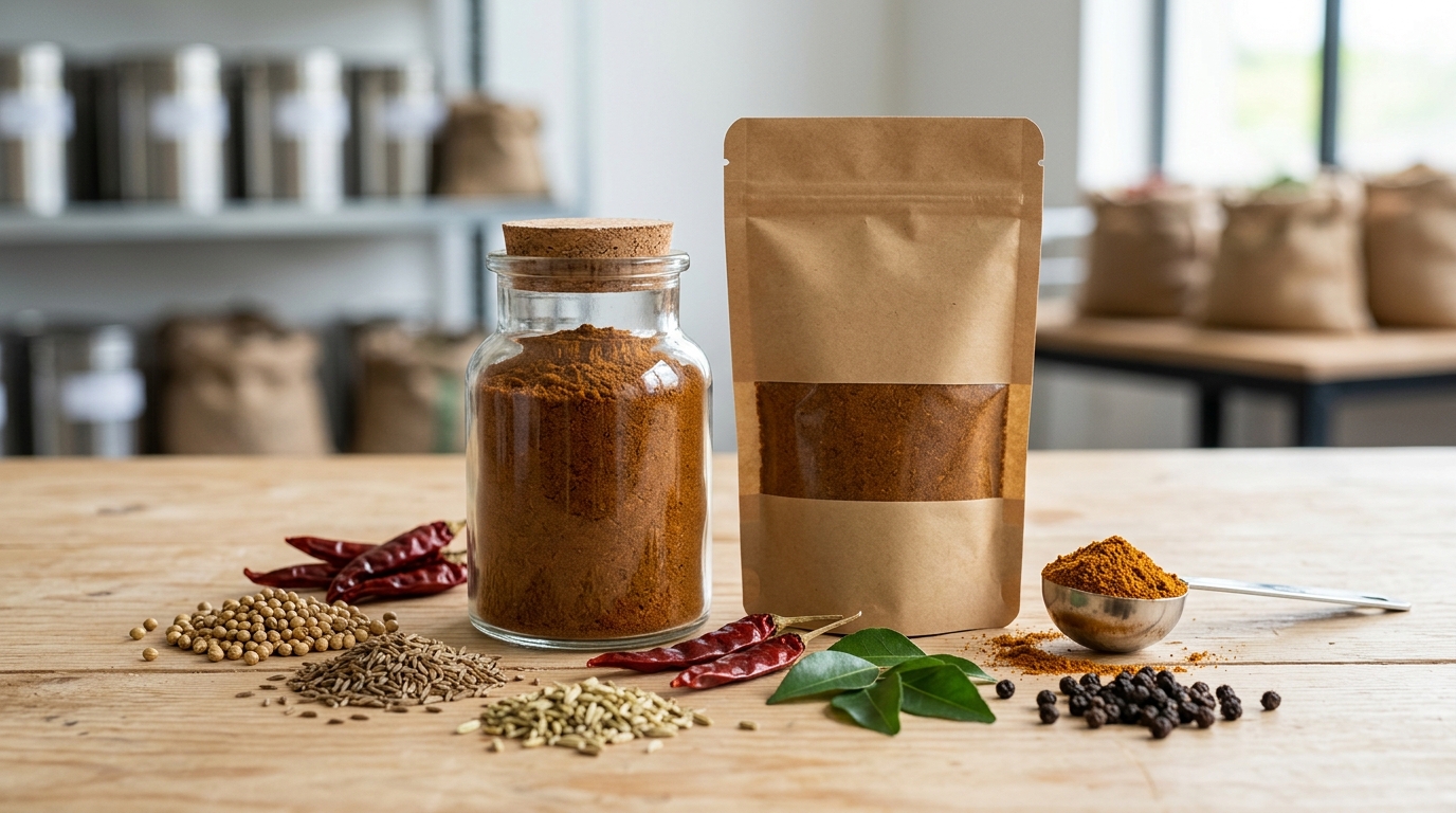 Unlabelled glass jar and kraft pouch of Sri Lankan roasted curry powder beside loose whole spices.