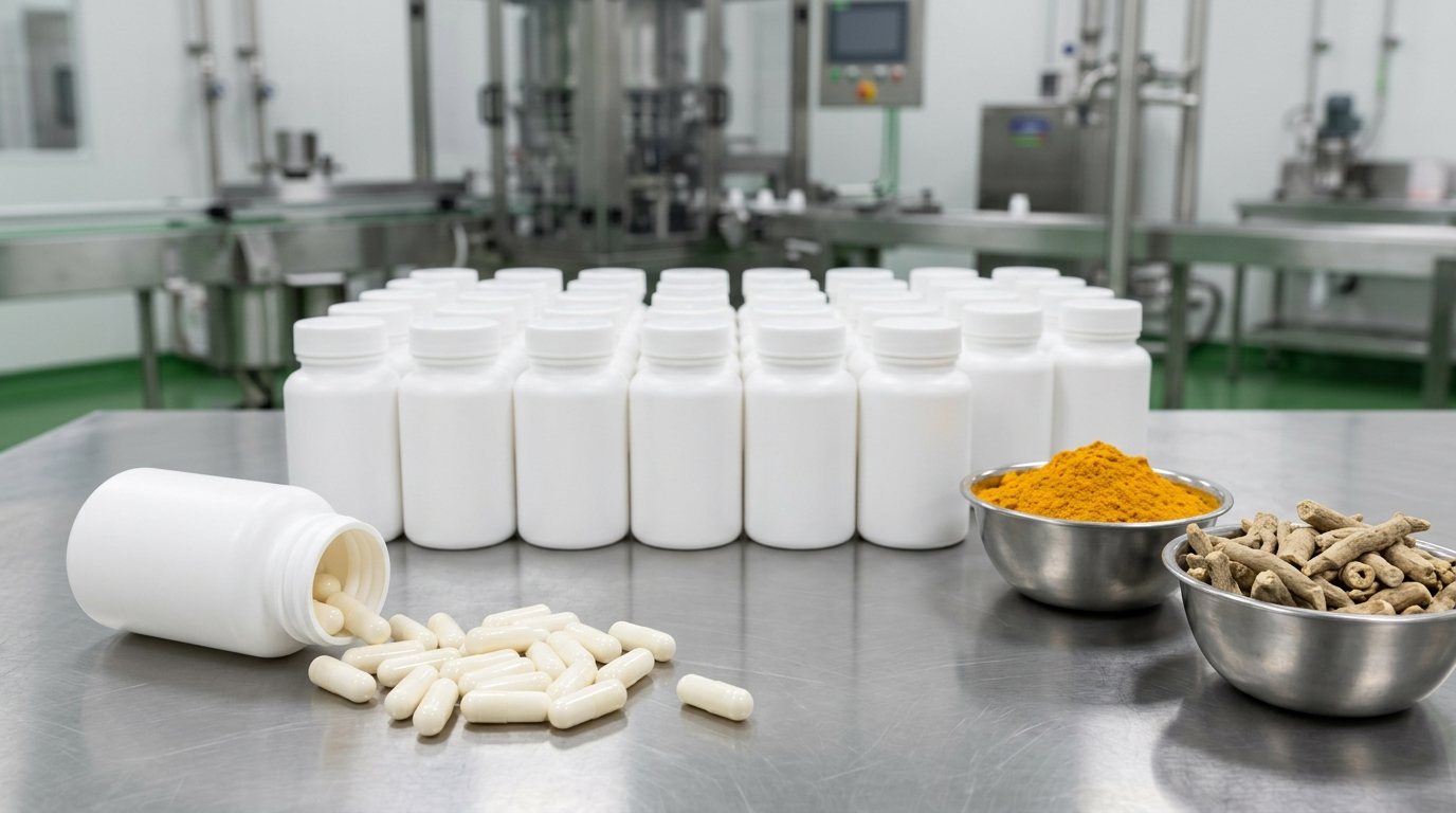 Blank unlabelled 60-count capsule bottles arranged for a small first production run beside loose two-piece capsules, turmeric powder, and dried ashwagandha root on a stainless work surface.