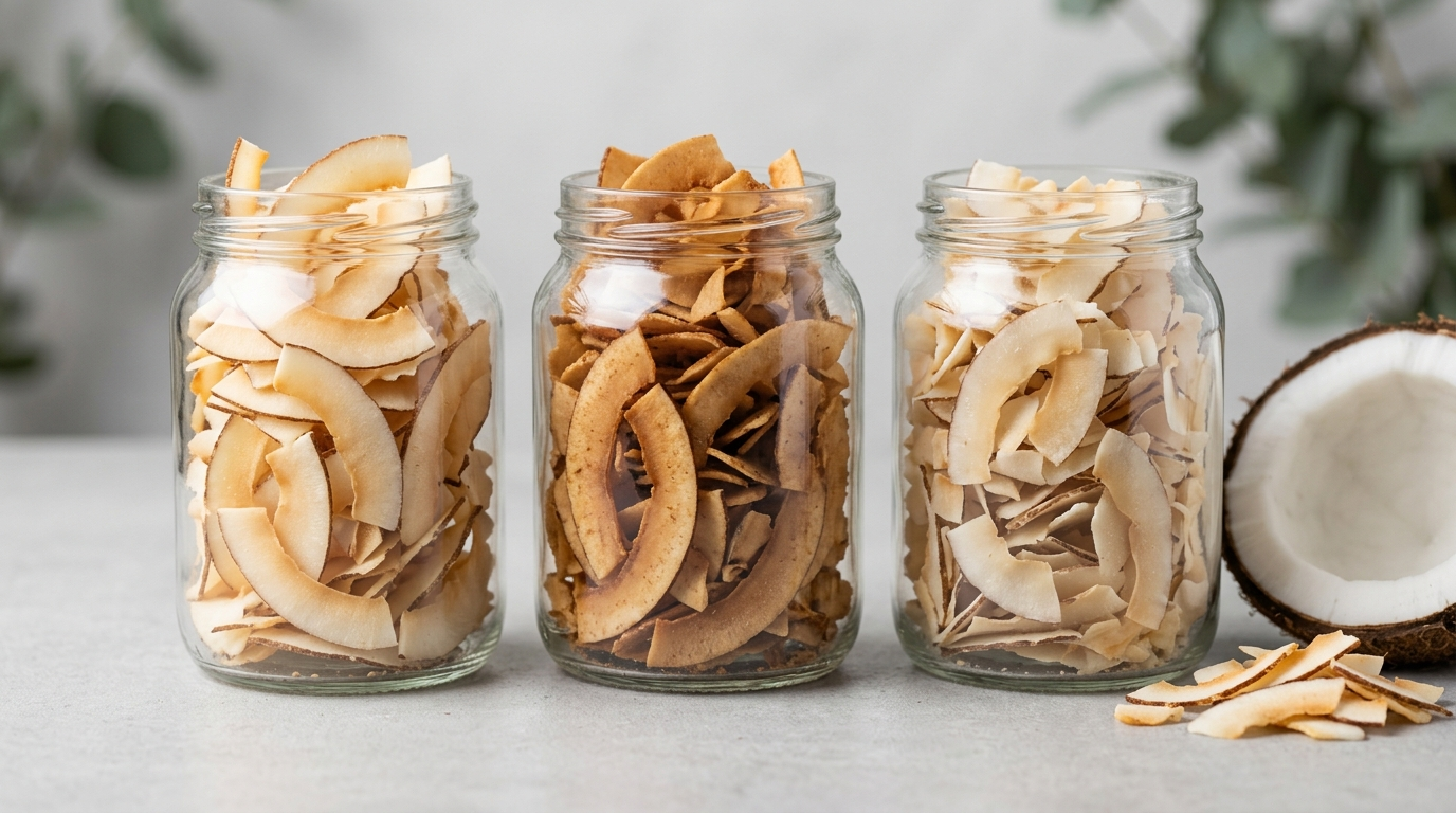Three unlabelled glass jars of Sri Lankan coconut chips in plain, caramel and natural flavour variants beside a halved fresh coconut