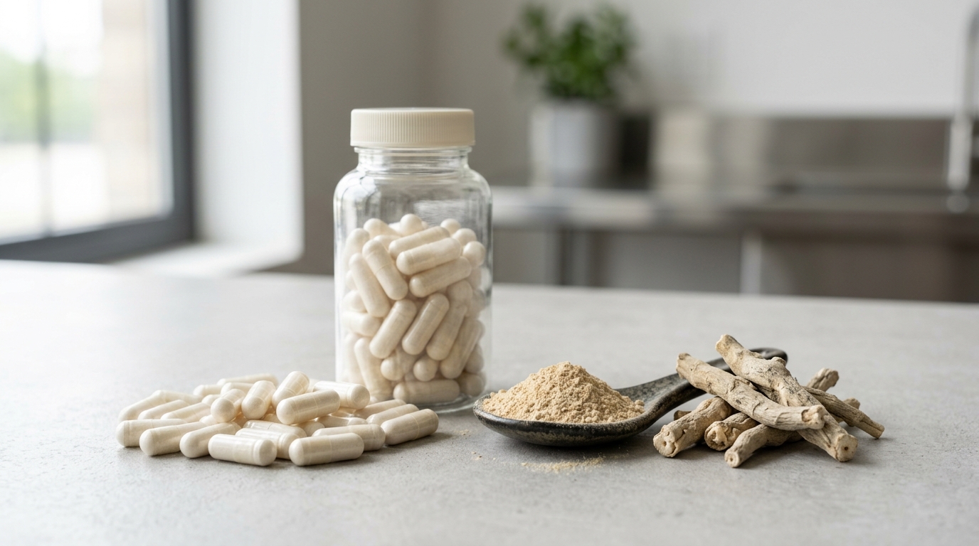 Plain two-piece vegetable capsules in an unbranded glass bottle beside ashwagandha root and pale botanical powder on a clean counter.