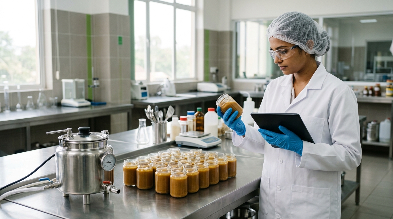 A food technologist in a white lab coat and gloves checks an unlabelled glass jar of golden spread beside a stainless-steel jacketed kettle and rows of identical pilot-batch jars in a food R&D laboratory.