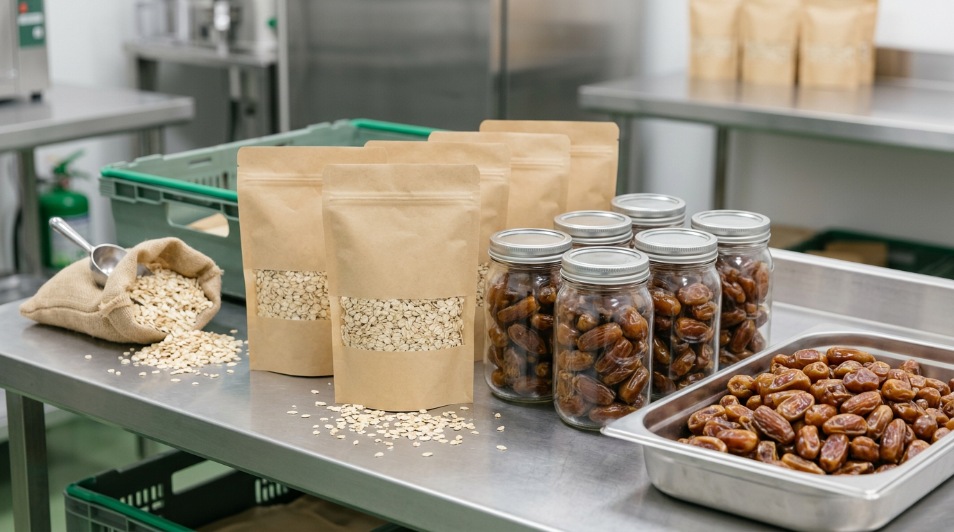 Plain kraft pouches of rolled oats and clear glass jars of whole dates on a stainless co-packing table in a clean food-production facility.