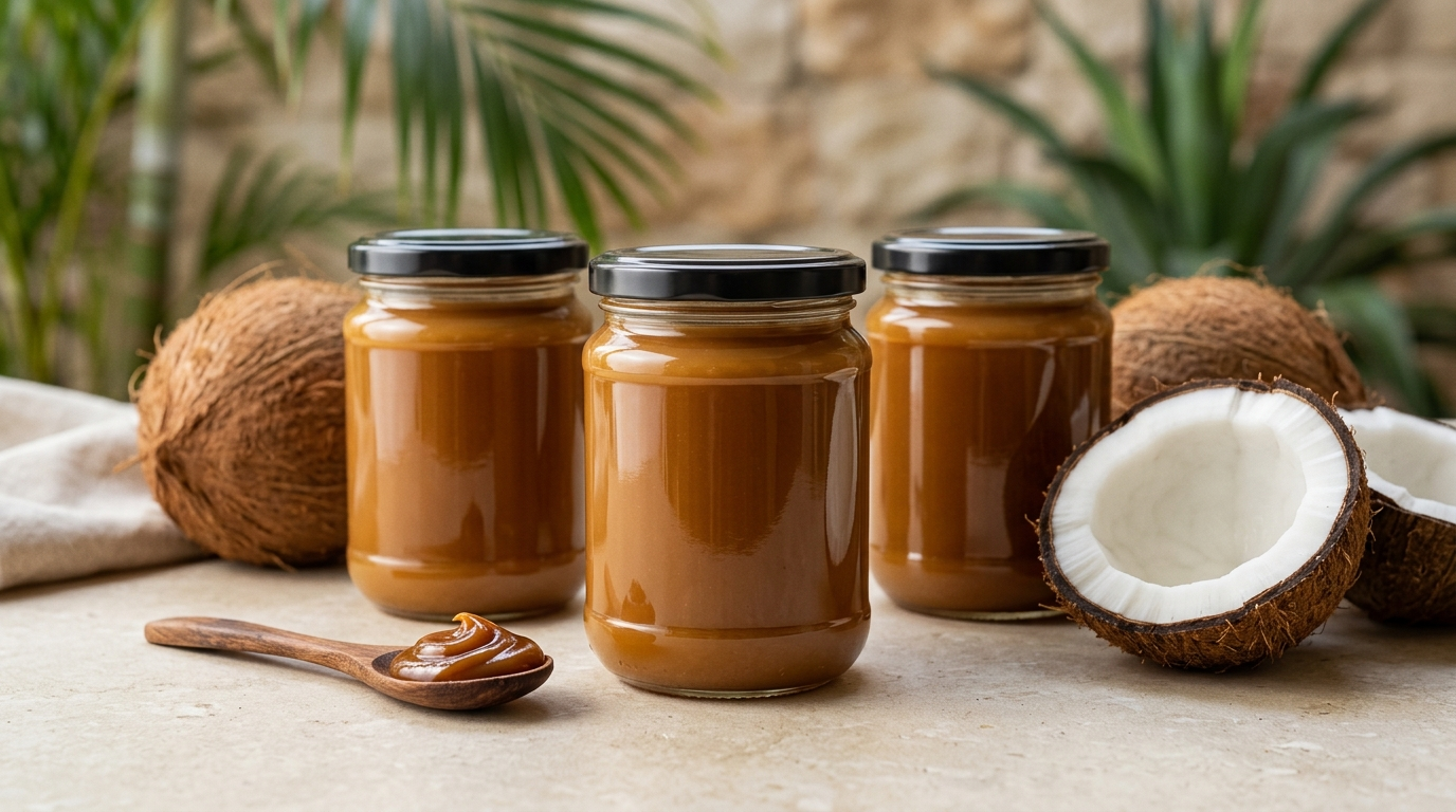 Three blank glass jars of smooth golden-brown coconut spread on a neutral stone surface, with whole and halved fresh coconuts and a wooden spoon, styled for a hotel gift-shop private-label range.