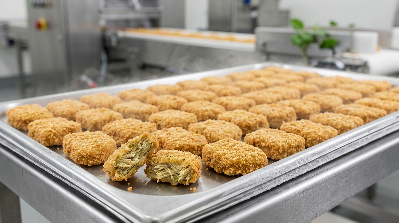A stainless-steel factory production tray holding neat rows of golden, breaded plant-based vegan nuggets, one broken open to show a fibrous plant-protein interior, with food-processing equipment softly out of focus in the background.