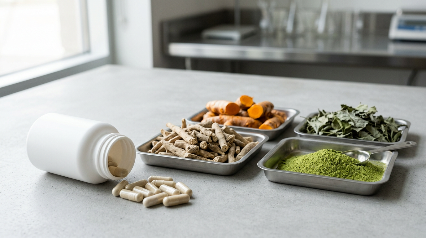 A plain white unlabelled supplement bottle on its side spilling plain two-piece capsules onto a grey worktop, beside brushed stainless trays of dried Ayurvedic raw materials: knotted ashwagandha root, orange turmeric rhizomes, dried green leaves, and bright green herbal powder with a steel scoop, in a clean food laboratory.