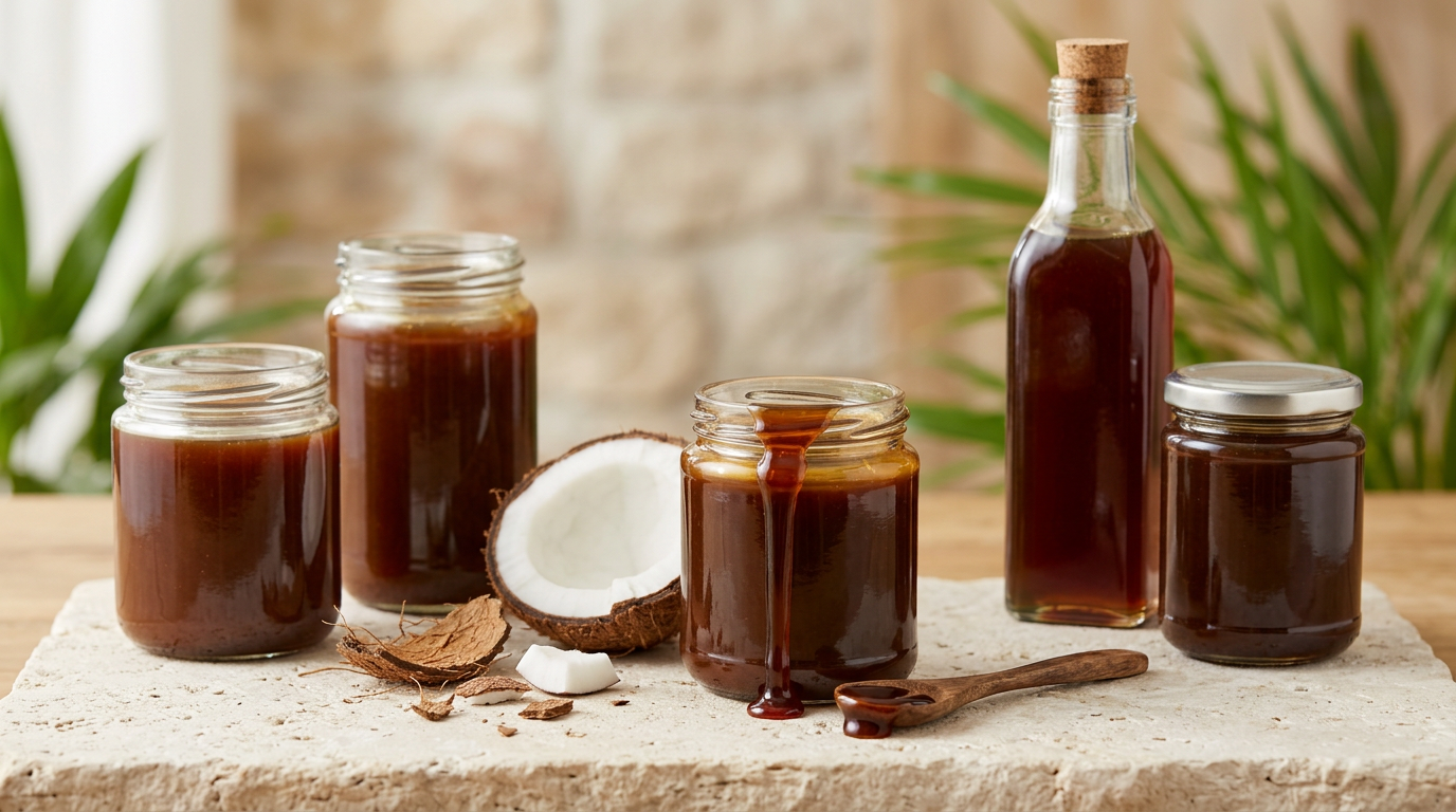 Clear unlabelled glass jars and a glass bottle of dark caramel-brown kithul and coconut treacle on a pale stone surface, with a halved coconut and a wooden spoon lifting a thick ribbon of syrup, styled for a private-label gifting range.