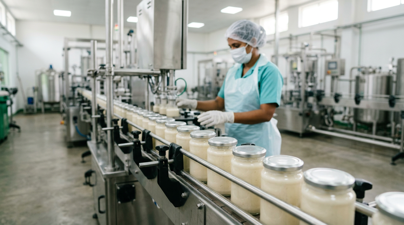 A food-production worker in full PPE (hairnet, mask, teal apron, gloves) tends a stainless-steel filling line as rows of blank, unlabelled glass jars filled with a pale product move along the conveyor in a clean Sri Lankan contract-manufacturing facility.