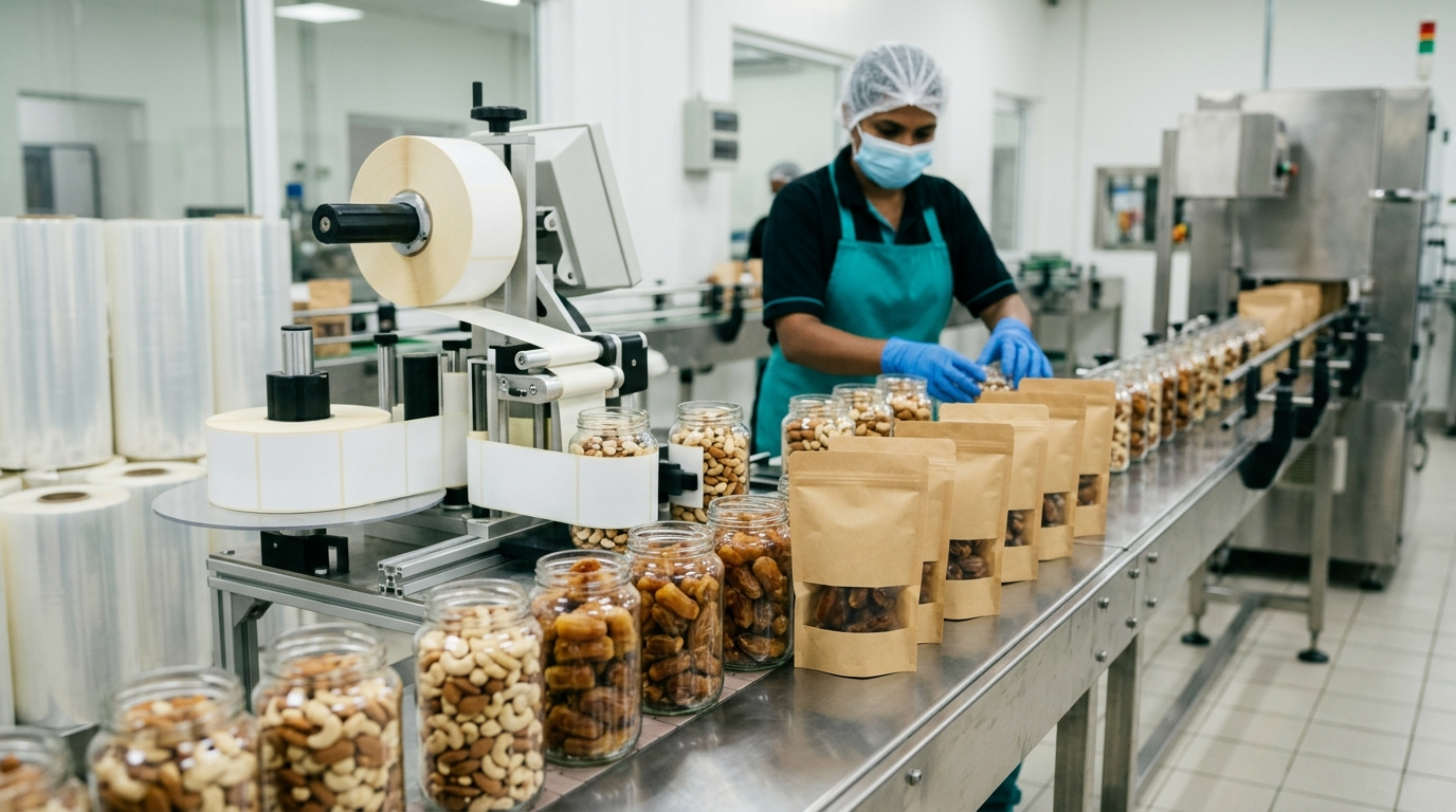 A worker in food-safety PPE (hairnet, mask, teal apron, blue gloves) tends a stainless-steel co-packing and labelling line as blank kraft stand-up pouches and clear glass jars of mixed nuts and dried fruit move past a labelling machine loaded with blank white label rolls in a clean Sri Lankan facility.