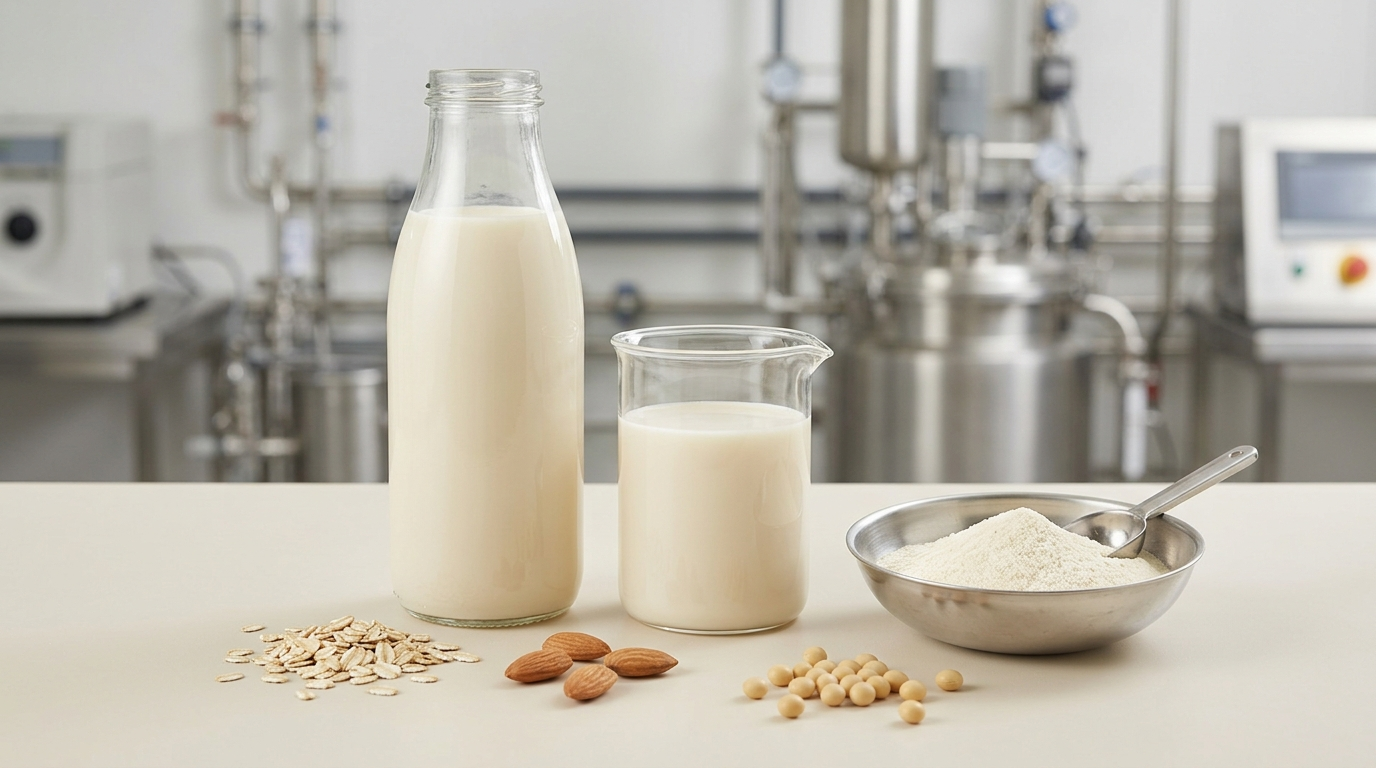 A plain unlabelled glass bottle and a glass beaker of creamy off-white plant-based milk stand beside a stainless dish of pale off-white plant-milk powder with a scoop, with rolled oats, almonds, and soybeans scattered in front, in a stainless-steel food R&D and pilot-production setting.