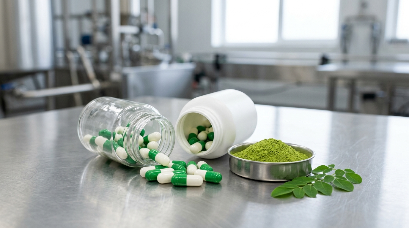 Two plain unlabelled supplement bottles, one clear and one white, with green-and-white two-piece capsules spilling onto a brushed stainless-steel surface beside a stainless dish of bright green moringa leaf powder and fresh moringa leaves, in a clean food-grade production setting.
