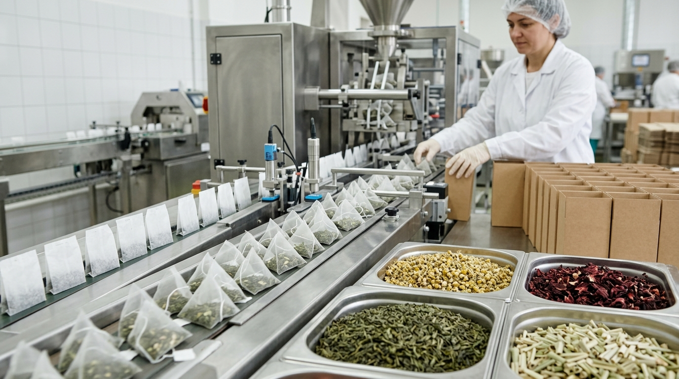A tea co-packing line in a clean food-grade factory: pyramid tea bags moving along a stainless-steel filling and sealing machine, blank unlabelled kraft tea cartons stacked beside it, a worker in a hairnet and lab coat tending the line, and stainless trays of loose green tea, chamomile flowers, hibiscus petals, and lemongrass in the foreground.