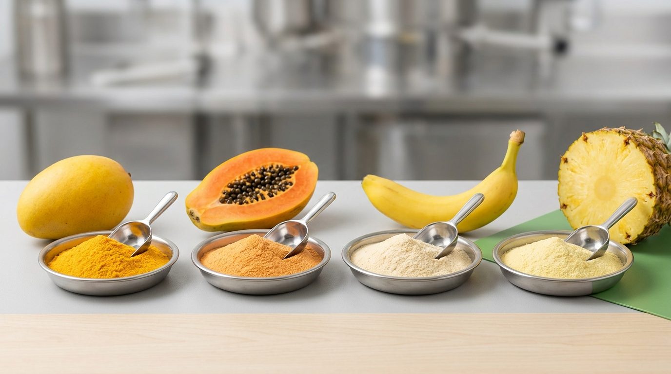 Four small stainless-steel dishes of fine spray-dried fruit powder in distinct colours, bright orange-yellow mango, orange papaya, pale cream banana and soft-yellow pineapple, each with a scoop, beside fresh whole and halved mango, banana, papaya and pineapple on a neutral surface, with an out-of-focus stainless-steel food-production line behind.