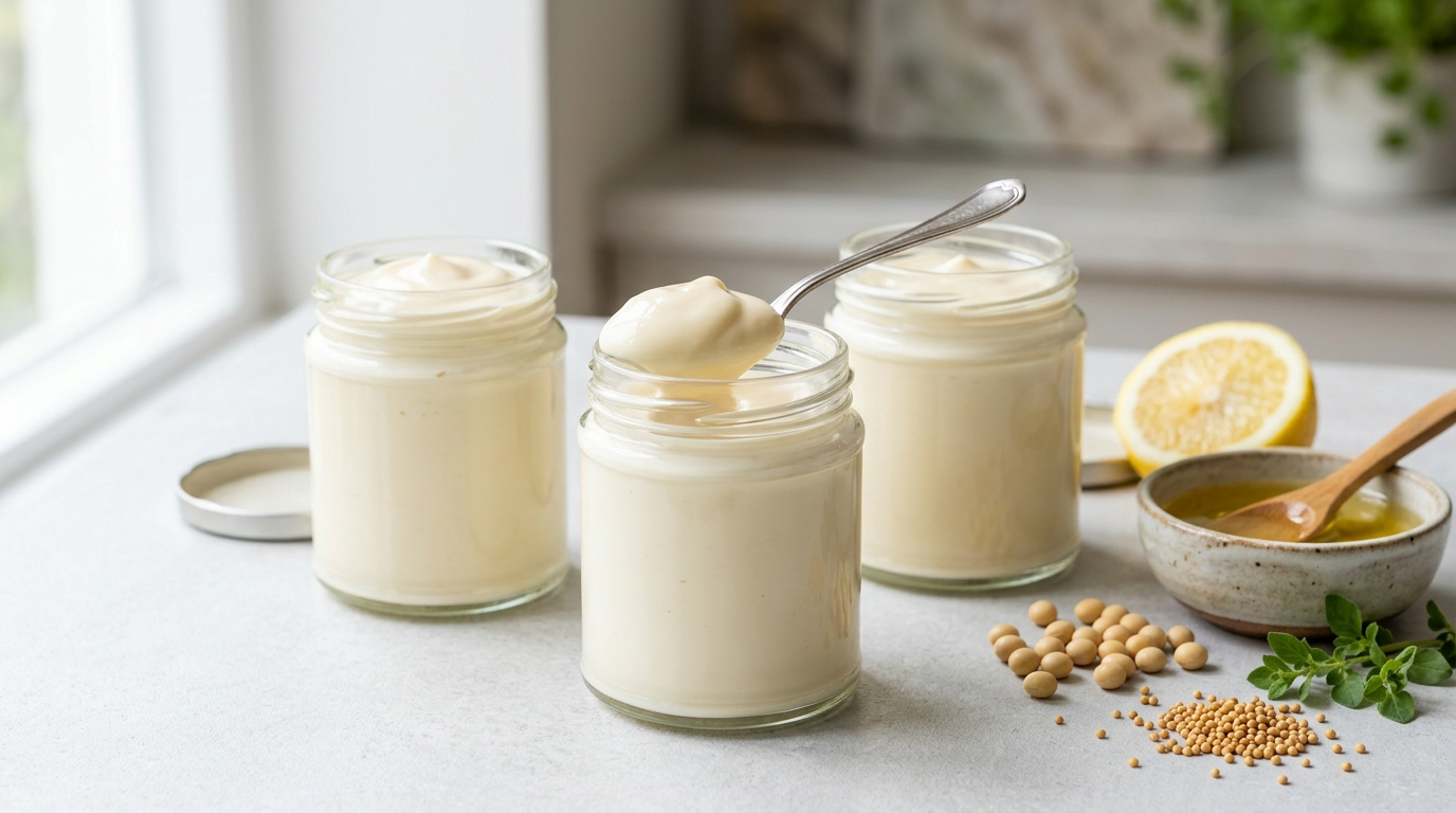Three plain unlabelled clear glass jars of thick creamy pale-ivory vegan mayonnaise, one with a spoon lifting a smooth dollop, beside a halved lemon, a small dish of golden oil, pale soybeans and mustard seeds on a neutral surface.