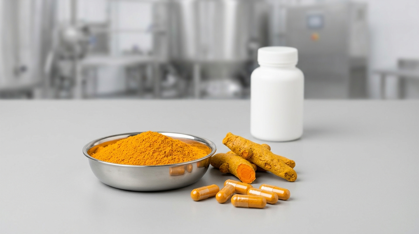 A stainless dish of bright orange-yellow turmeric powder beside whole turmeric rhizome fingers, two-piece capsules filled with turmeric, and a blank capsule bottle on a clean production surface.