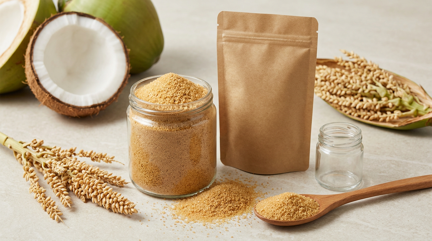 Granular golden-brown coconut sugar in an unlabelled clear glass jar and a blank brown kraft pouch, with a wooden spoon of sugar and a halved coconut, styled for a private-label range.