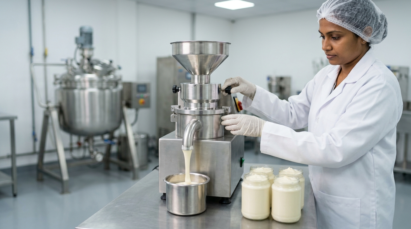 A food technologist in a white lab coat and hairnet adjusts a stainless colloid mill discharging a pale ivory-cream vegan cheese spread beside blank glass sample jars at a Sri Lankan R&D pilot bench.