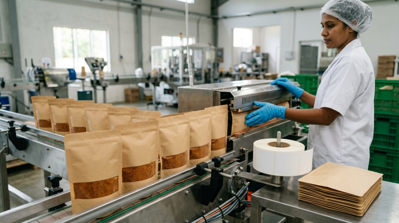 Plain brown 250 gram kraft stand-up pouches of Sri Lankan spice powder moving through a stainless-steel heat-sealing and labelling line, with rolls of blank labels and a food-grade-coated worker tending the machine.