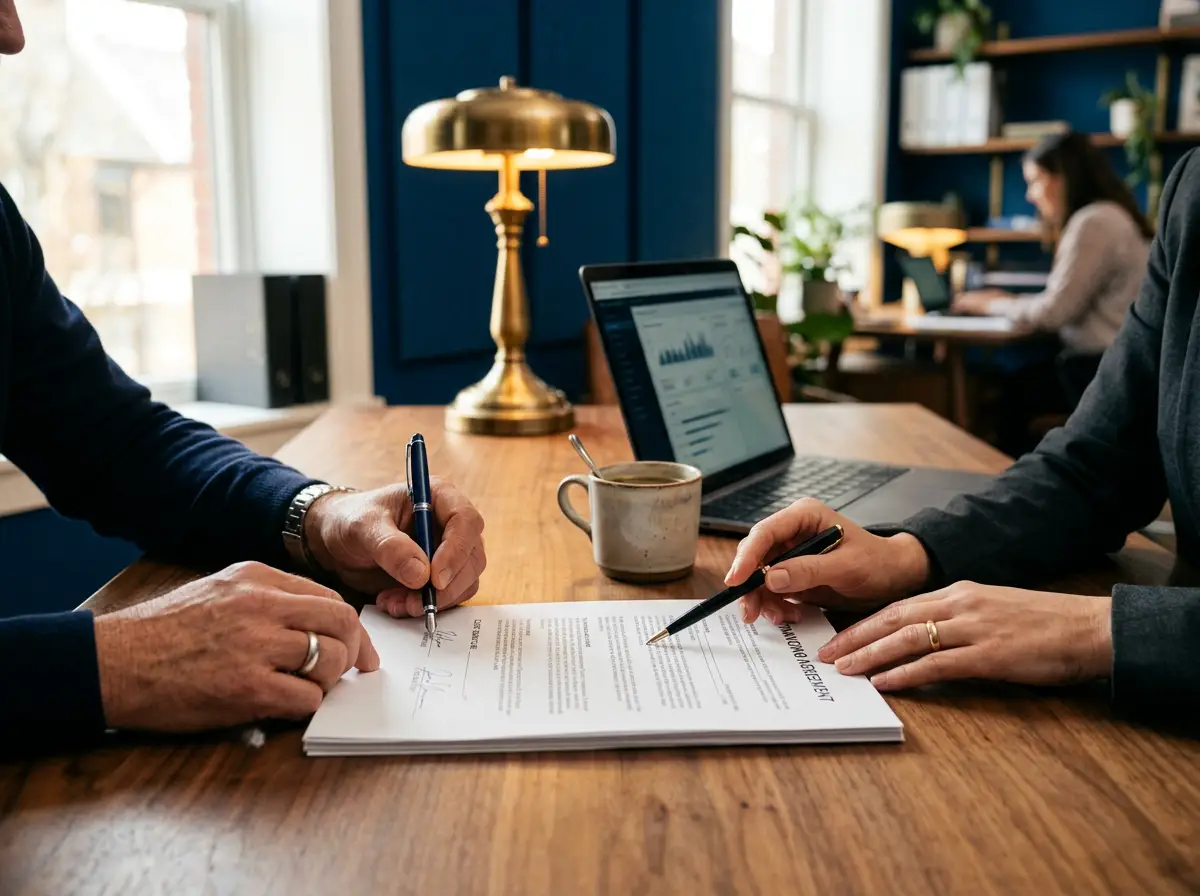 Signature d'un document dans un bureau de courtier en financement