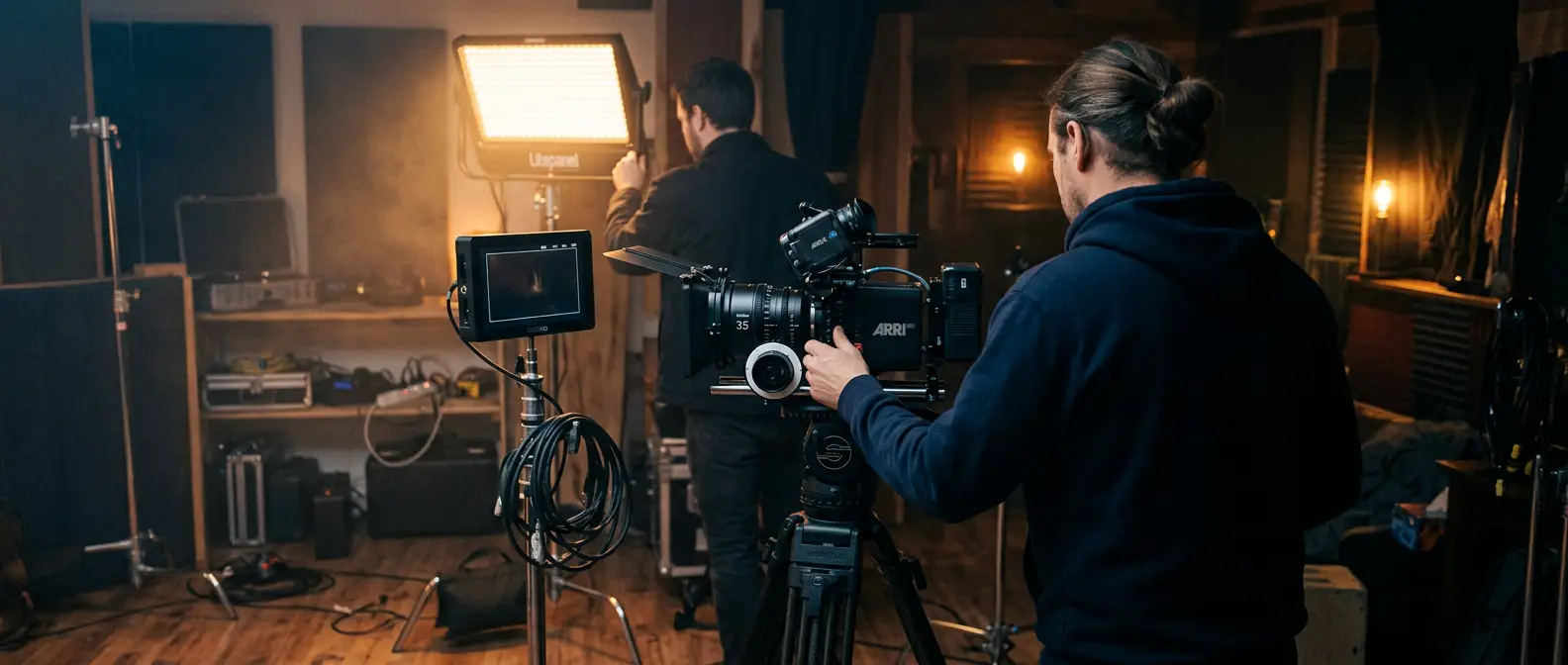 Plateau de tournage vidéo avec caméra, éclairages et deux techniciens de dos
