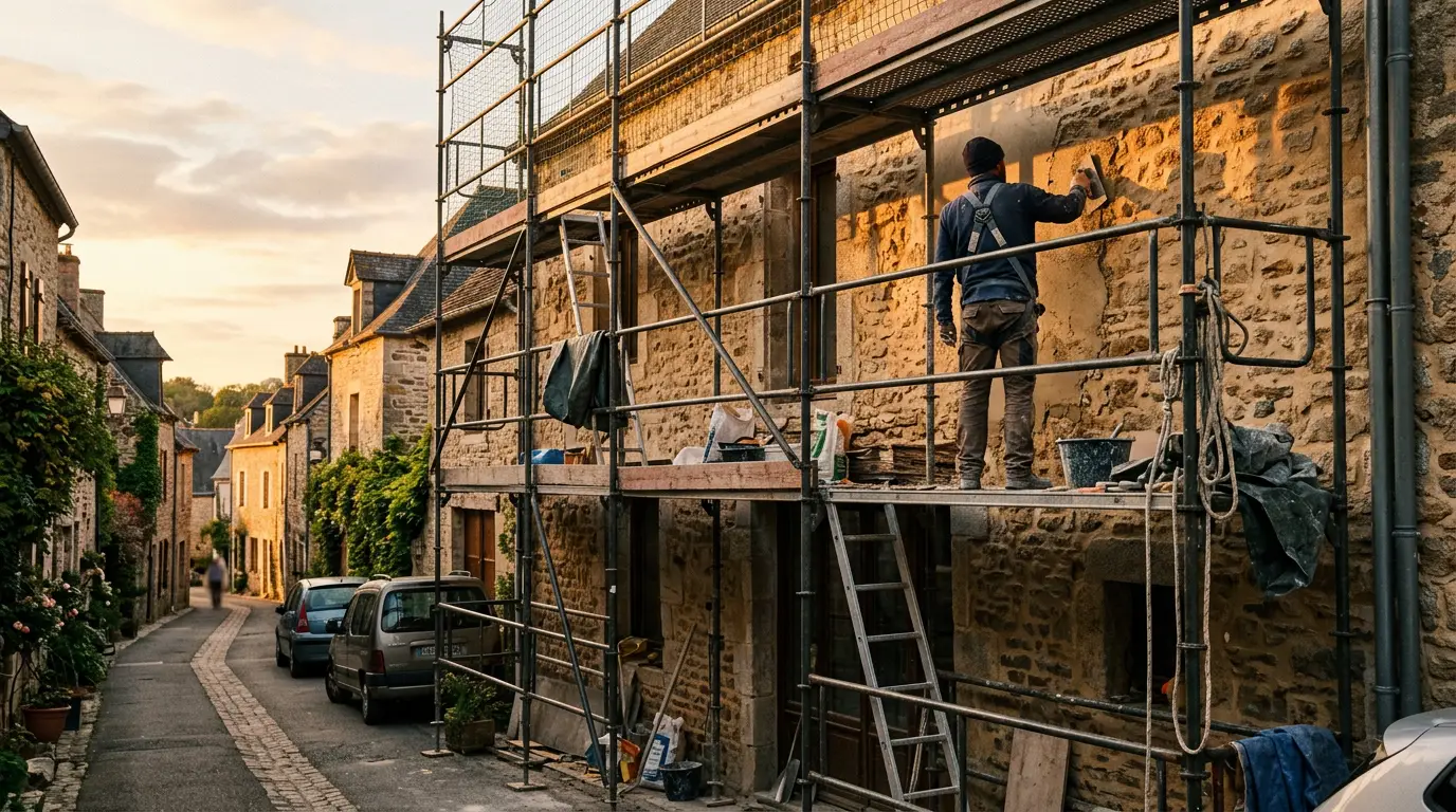 Façade d'une maison en rénovation avec échafaudage