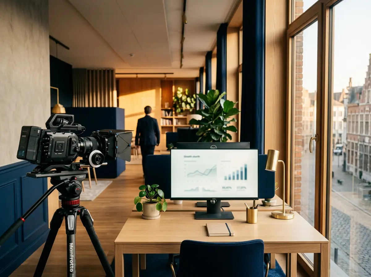 Intérieur d'un bureau d'agence marketing, caméra sur trépied et écran de suivi